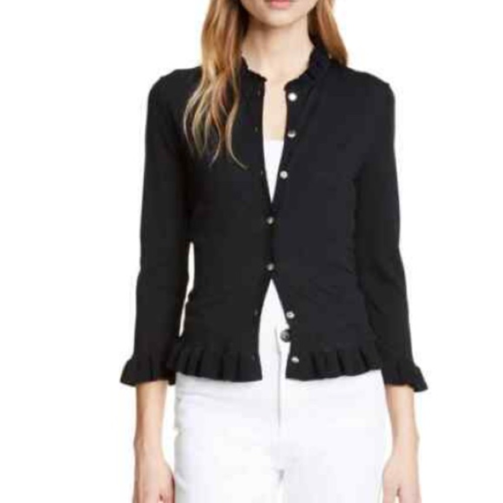 Ted Baker Treesa Frill Detail Cardigan in Black Size 12  Ruffle neck/sleeve/hem